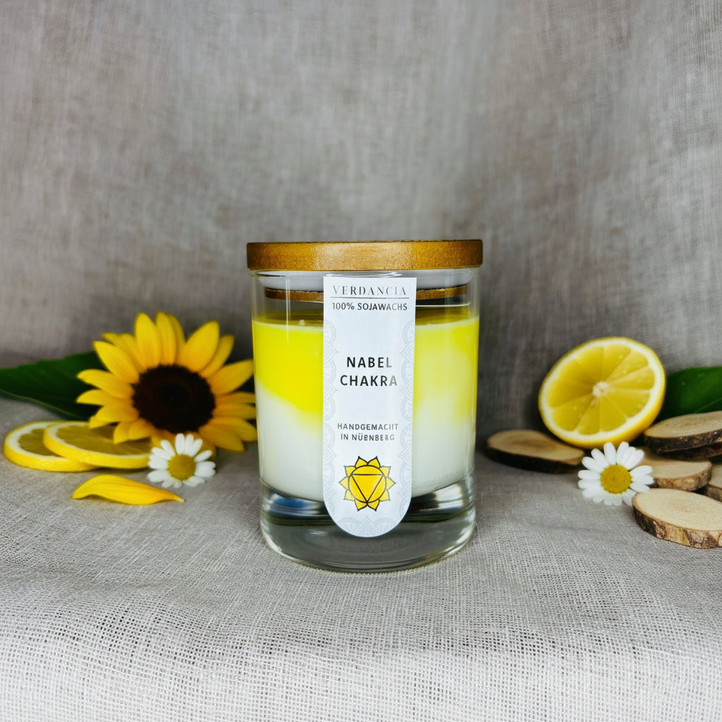 Nabelchakra | Duftkerze Sojawachs – Meditation – entspannend – Chakra Kerze Solarplexus (gelb)