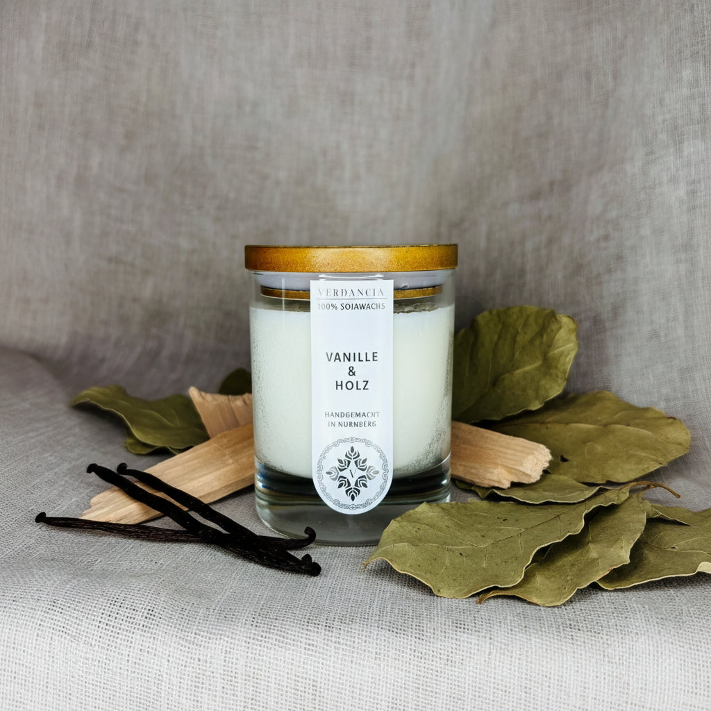 Vanille & Holz | Duftkerze Sojawachs – Vanille, Patchouli und Sandelholz – warm & gemütlich