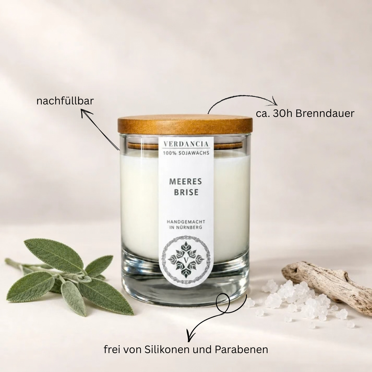 Meeresbrise | Duftkerze Sojawachs – Holz, Salbei und Meersalz – frisch & klar