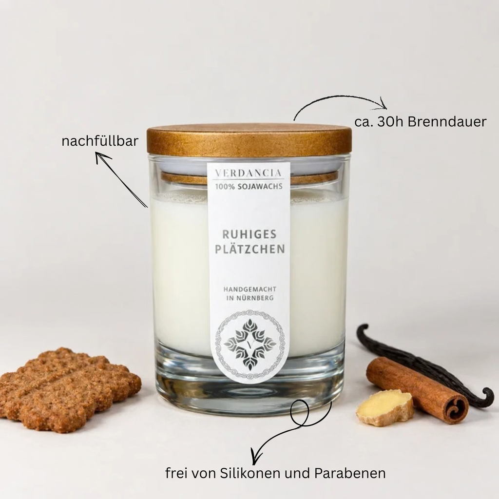 Ruhiges Plätzchen | Duftkerze Sojawachs – Zimt, Vanille und Ingwer – für Ruhe & Zuhause
