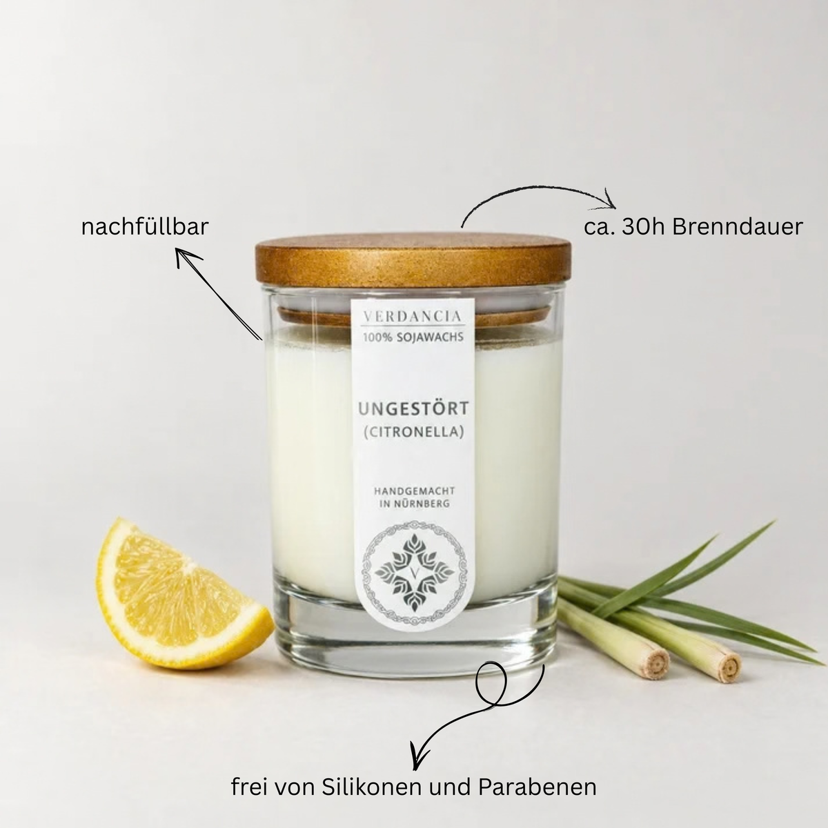 Ungestört (Citronella) | Duftkerze Sojawachs – Citronella – gegen Mücken – frischer Zitrus Duft – Outdoor Kerze