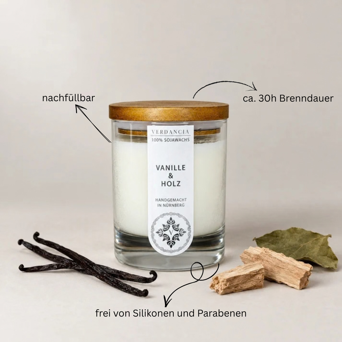 Vanille & Holz | Duftkerze Sojawachs – Vanille, Patchouli und Sandelholz – warm & gemütlich