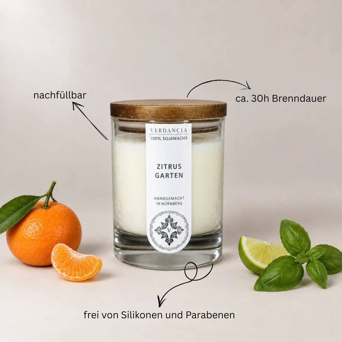 Zitrusgarten | Duftkerze Sojawachs – Limette, Mandarine und Basilikum – frisch & belebend